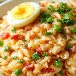 A vibrant plate of egg fried rice garnished with chopped scallions, showcasing fluffy yellow egg mixed with perfectly stir-fried rice, with a slightly glossy texture and colorful bits of scrambled egg on top, presented on a rustic ceramic plate with a background of cooking ingredients.