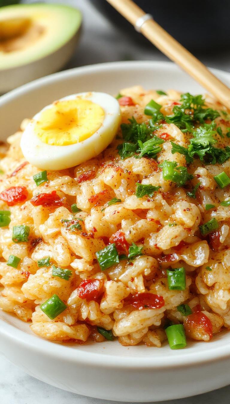 A vibrant plate of egg fried rice garnished with chopped scallions, showcasing fluffy yellow egg mixed with perfectly stir-fried rice, with a slightly glossy texture and colorful bits of scrambled egg on top, presented on a rustic ceramic plate with a background of cooking ingredients.