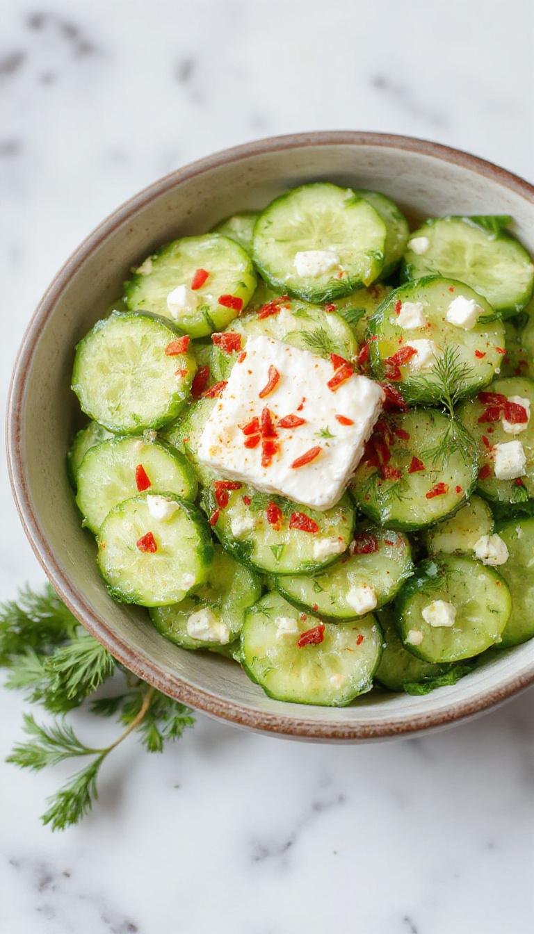 A vibrant, glossy cucumber salad arranged in a clear glass bowl. Smashed cucumber pieces are mixed with crumbles of white feta cheese and sprinkled with fresh dill. The salad has a bright green color with white feta accents, topped with a drizzle of oil and a few dill sprigs, presented on a rustic wooden table with natural lighting highlighting its freshness.
