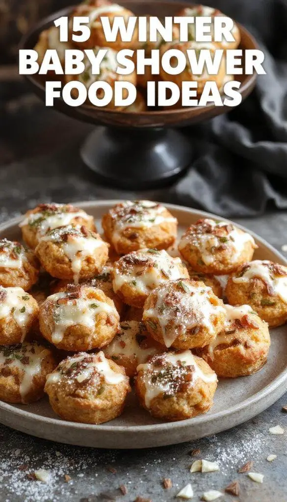 A variety of cozy winter-themed baby shower appetizers and snacks, including mini sandwiches, warm soups, and festive finger foods displayed on a decorated table.