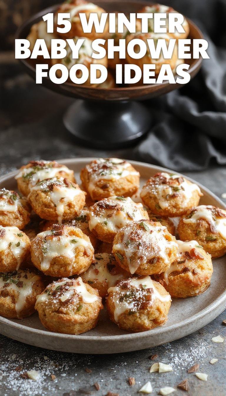 A variety of cozy winter-themed baby shower appetizers and snacks, including mini sandwiches, warm soups, and festive finger foods displayed on a decorated table.