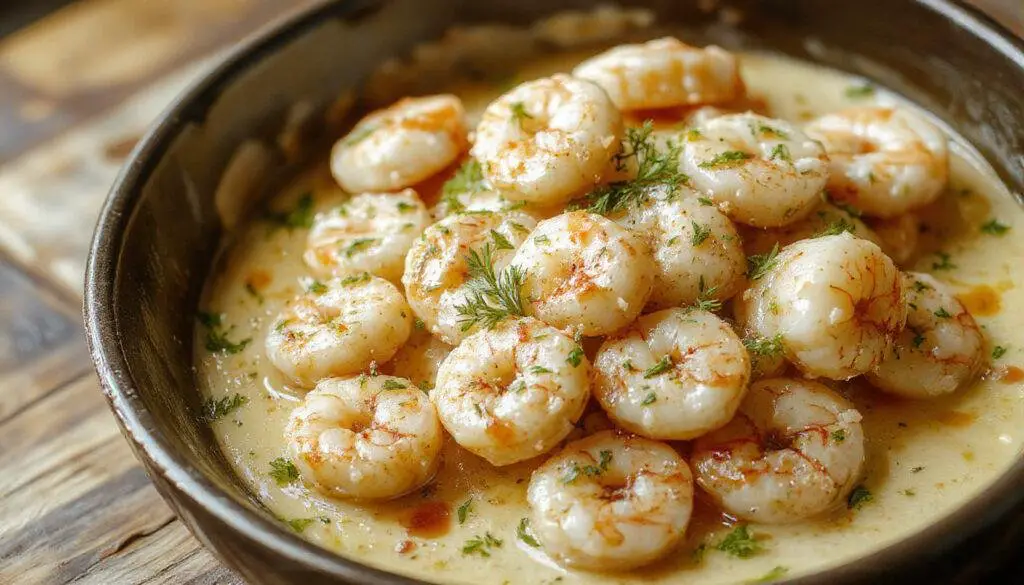 A close-up of creamy garlic Parmesan shrimp served in a white bowl, featuring plump, pink shrimp coated in a rich, buttery sauce with visible garlic and grated Parmesan on top. The dish is garnished with fresh parsley and presented on a rustic wooden table, evoking a cozy and inviting atmosphere.