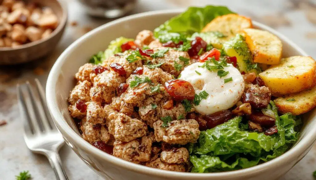 A vibrant bowl featuring cooked ground turkey topped with dollops of creamy cottage cheese, garnished with chopped herbs, served on a rustic plate with colorful vegetables around it, highlighting the textures and freshness.