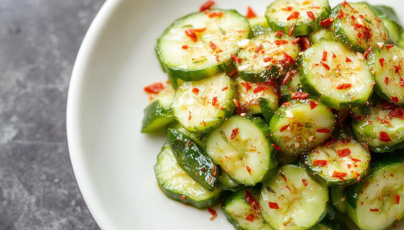 A vibrant bowl of Asian cucumber salad featuring thinly sliced crisp cucumbers coated in a tangy, spicy dressing with garnishes of chopped cilantro and sesame seeds, presented in a clean white bowl on a wooden table with a sprinkle of fresh herbs around.