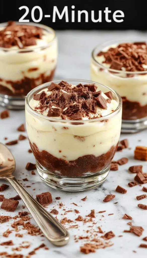 A close-up of a glass dessert cup filled with layered chocolate tiramisu, topped with cocoa powder and chocolate shavings. The layers are visible through the transparent glass, showcasing the creamy mascarpone and rich chocolate layers, with a dusting of cocoa on top for visual contrast.