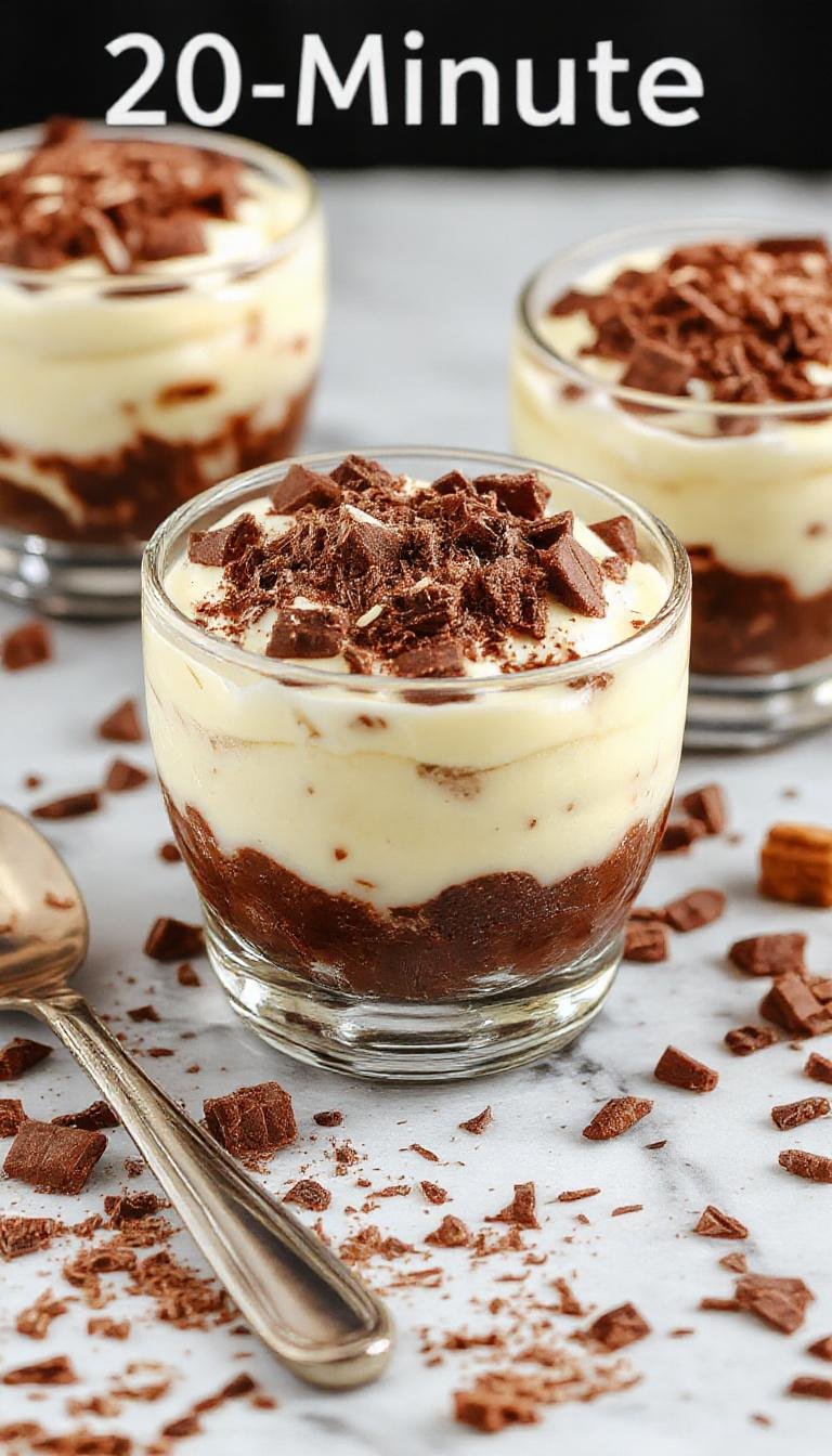 A close-up of a glass dessert cup filled with layered chocolate tiramisu, topped with cocoa powder and chocolate shavings. The layers are visible through the transparent glass, showcasing the creamy mascarpone and rich chocolate layers, with a dusting of cocoa on top for visual contrast.