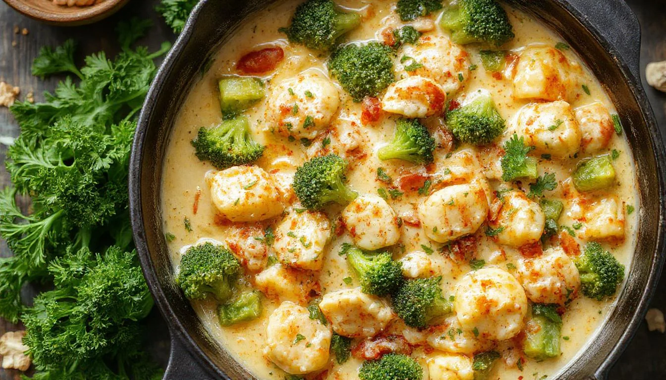 A vibrant skillet filled with cheesy tortellini, tender chicken pieces, and bright green broccoli florets in a creamy sauce, garnished with freshly chopped herbs. The dish is plated on a rustic wooden surface with a sprinkle of grated cheese and a side of crusty bread.