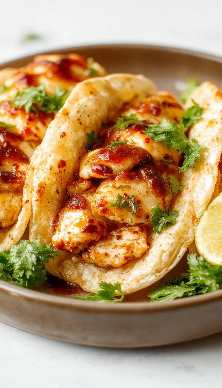 A plate of mini baked chicken tacos topped with fresh lettuce, cheese, and salsa, served on a bright kitchen counter.