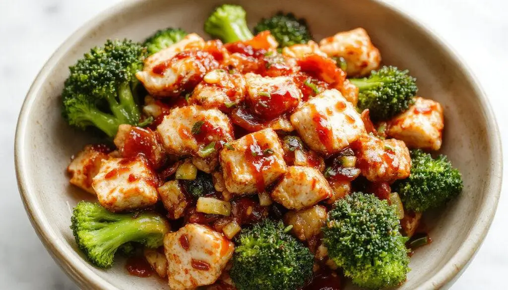 A vibrant plate featuring stir-fried ground chicken glazed in a glossy, spicy honey sriracha sauce next to bright green broccoli florets, garnished with chopped green onions on a white ceramic dish.