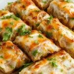 A close-up of vibrant Thai basil beef rolls sliced open to reveal tender beef, fresh basil leaves, and crunchy vegetables, arranged on a white plate with a drizzle of savory sauce, garnished with additional basil sprigs and colorful chili slices.