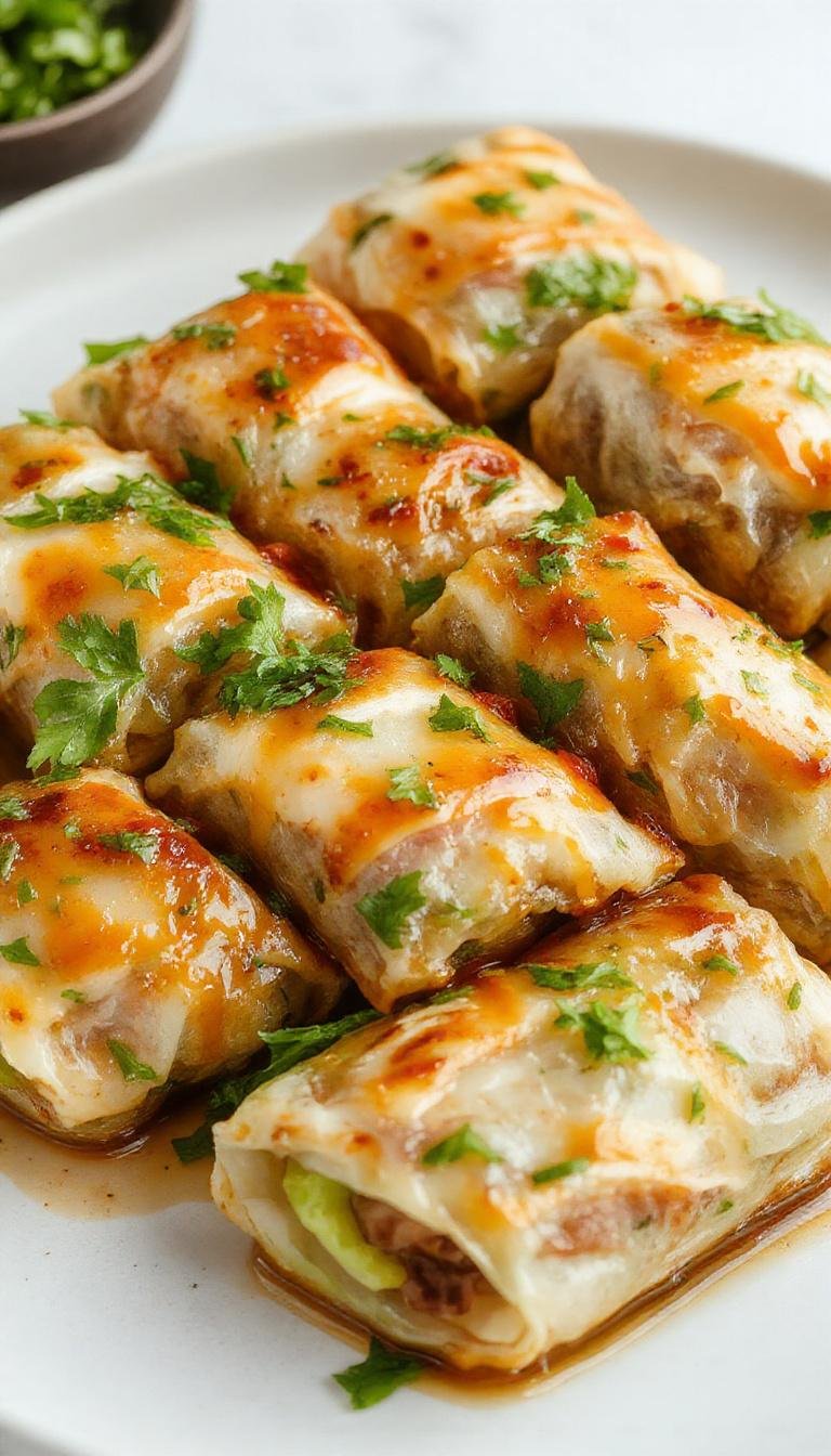 A close-up of vibrant Thai basil beef rolls sliced open to reveal tender beef, fresh basil leaves, and crunchy vegetables, arranged on a white plate with a drizzle of savory sauce, garnished with additional basil sprigs and colorful chili slices.