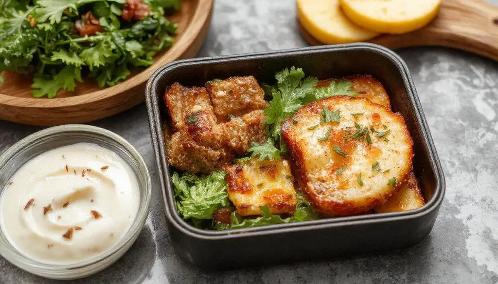 A neatly arranged lunchbox featuring colorful fresh vegetables, whole grain sandwiches, fruit slices, and a small container of hummus, all presented on a clean, modern table. The vibrant ingredients showcase a balanced and inviting meal with textures from crunchy veggies and soft bread.