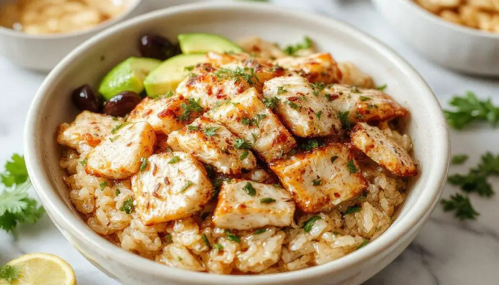 A vibrant chicken rice bowl featuring tender grilled chicken slices, fluffy white rice, colorful fresh vegetables like bell peppers and greens, all arranged neatly in a white bowl with a drizzle of sauce on top. The dish appears appetizing with a mix of textures and bright colors, presented on a rustic wooden surface.