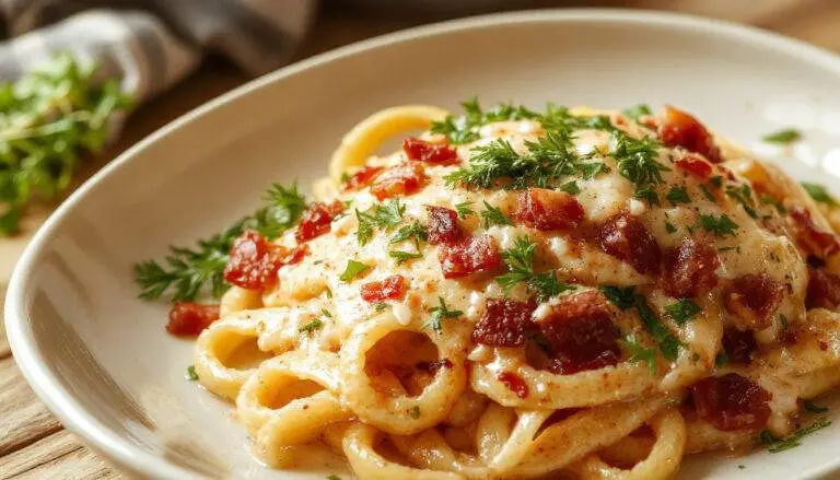 A close-up of creamy bacon carbonara pasta in a white bowl, showcasing golden spaghetti coated in a rich, creamy sauce with crispy bacon bits and grated cheese on top. The dish is garnished with fresh parsley, and the background features a rustic wooden table with a fork resting beside the bowl.