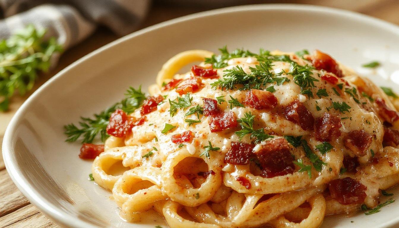 A close-up of creamy bacon carbonara pasta in a white bowl, showcasing golden spaghetti coated in a rich, creamy sauce with crispy bacon bits and grated cheese on top. The dish is garnished with fresh parsley, and the background features a rustic wooden table with a fork resting beside the bowl.