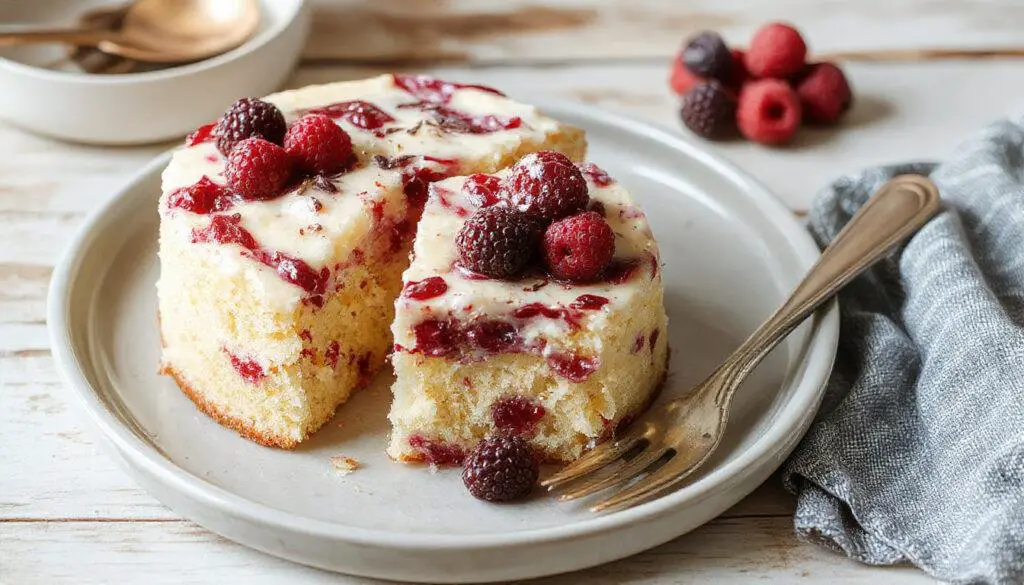 A slice of the Flourless Yogurt Cake on a white plate, showcasing its dense, creamy texture with a golden-brown crust and a smooth, light interior. The cake is garnished with a dusting of powdered sugar and fresh berries, complemented by a sprig of mint. The background features a rustic wooden table and a soft, natural light highlighting the moist crumb and minimalist presentation.