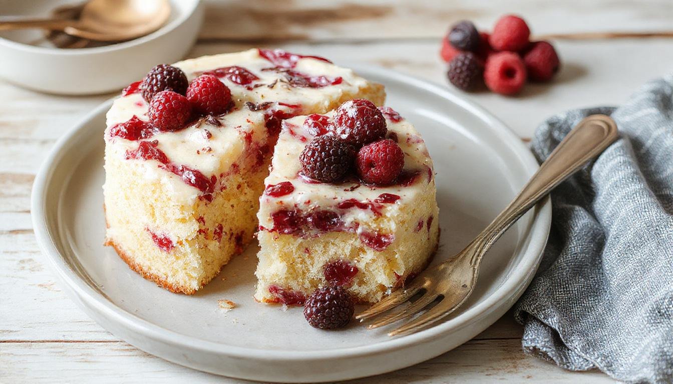 A slice of the Flourless Yogurt Cake on a white plate, showcasing its dense, creamy texture with a golden-brown crust and a smooth, light interior. The cake is garnished with a dusting of powdered sugar and fresh berries, complemented by a sprig of mint. The background features a rustic wooden table and a soft, natural light highlighting the moist crumb and minimalist presentation.