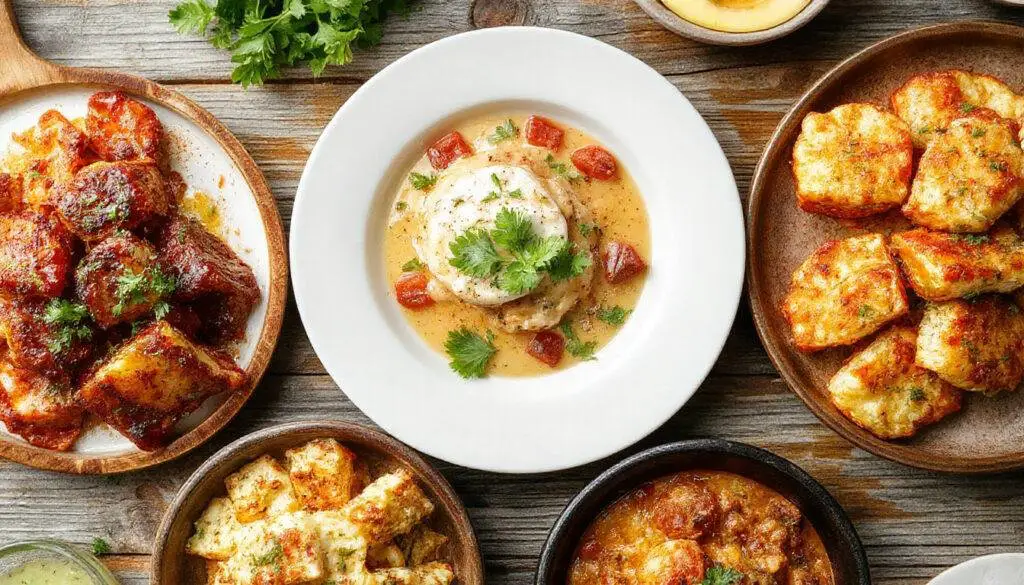 A vibrant platter showcasing an assortment of colorful summer dishes, including grilled vegetable skewers, fresh green salads, and citrus-infused seafood, arranged attractively on a rustic wooden table with sunlight casting warm highlights and fresh herbs garnishing the plates.