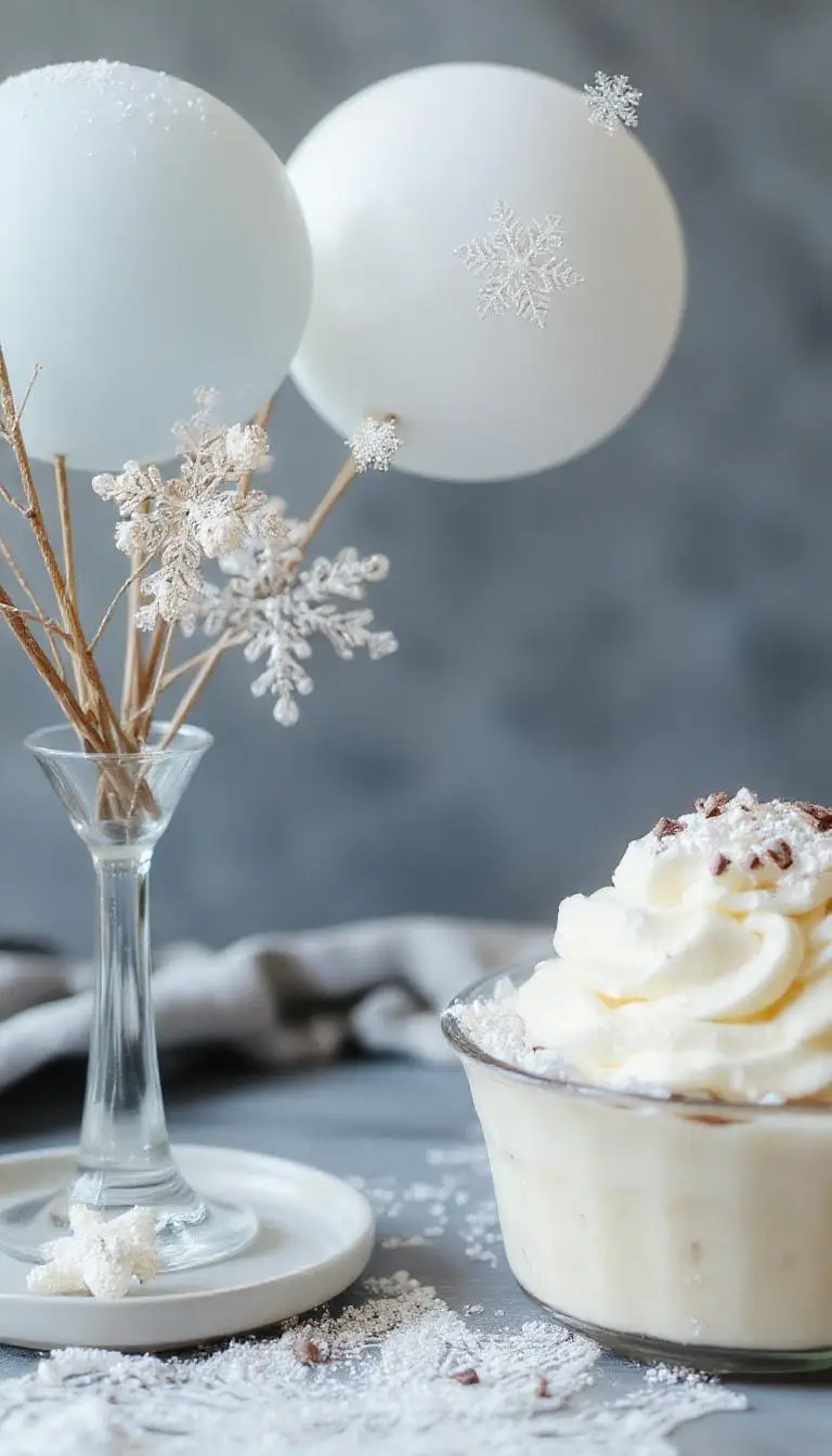 A beautifully decorated baby shower setup featuring a pastel color palette with snowflake motifs, adorable baby-themed table decorations, elegant floral arrangements, and a cake adorned with winter-themed decorations. The scene includes guests happily mingling, with soft fairy lights creating a warm, inviting glow.