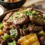 A vibrant plate of Mongolian beef stir-fry featuring thinly sliced beef coated in a glossy, caramelized sauce, garnished with sliced green onions and sesame seeds, served alongside steamed rice in a rustic bowl.