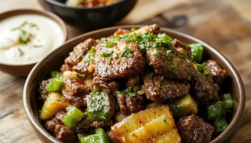 A vibrant plate of Mongolian beef stir-fry featuring thinly sliced beef coated in a glossy, caramelized sauce, garnished with sliced green onions and sesame seeds, served alongside steamed rice in a rustic bowl.