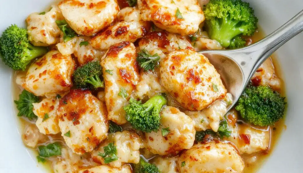 A close-up of a vibrant dinner plate featuring golden grilled chicken breast slices, tender green broccoli florets, and creamy, cheesy orzo pasta garnished with fresh herbs, beautifully arranged on a rustic white plate with steam rising gently, emphasizing the colorful, hearty, and inviting nature of the dish.