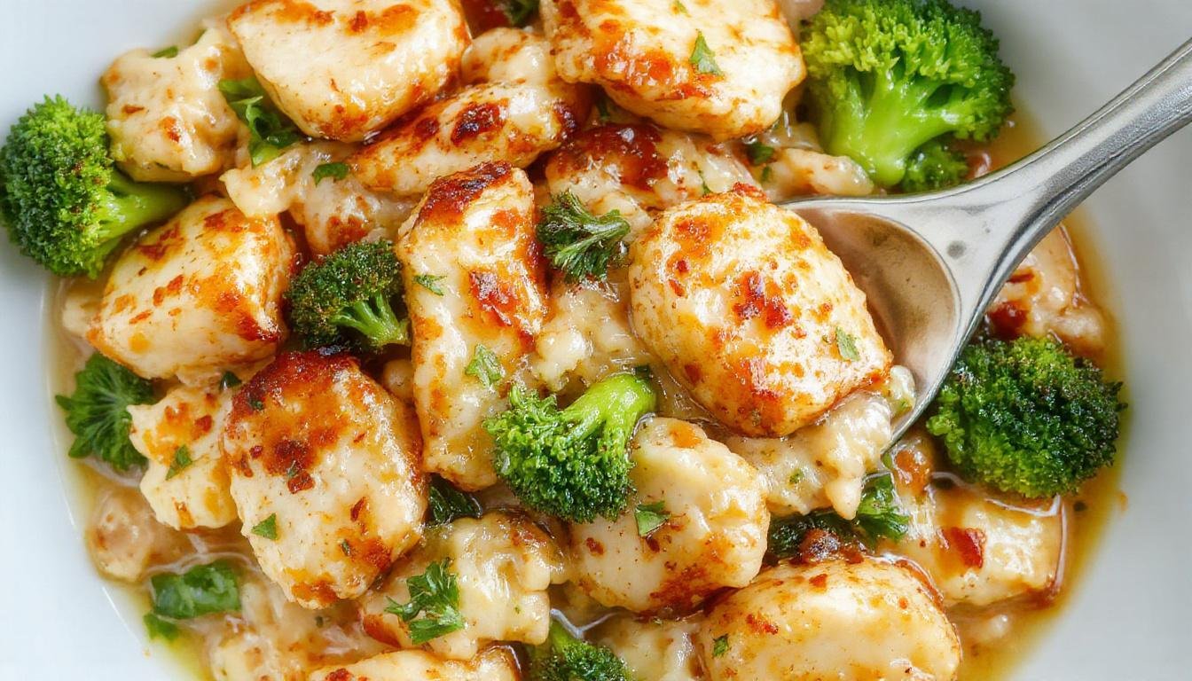 A close-up of a vibrant dinner plate featuring golden grilled chicken breast slices, tender green broccoli florets, and creamy, cheesy orzo pasta garnished with fresh herbs, beautifully arranged on a rustic white plate with steam rising gently, emphasizing the colorful, hearty, and inviting nature of the dish.