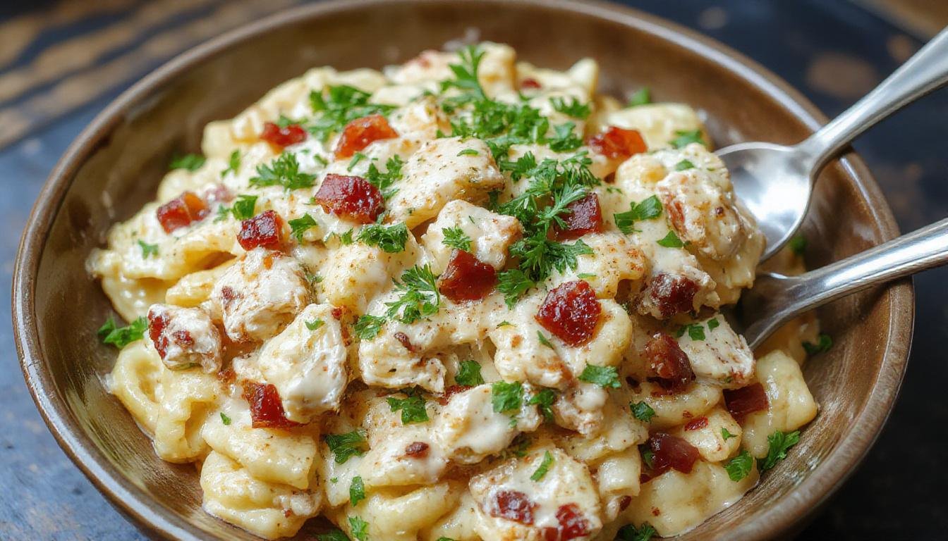 A steaming plate of cheesy ranch chicken pasta garnished with crispy bacon bits and fresh herbs, topped with melted cheese and served on a rustic white plate against a wooden background.