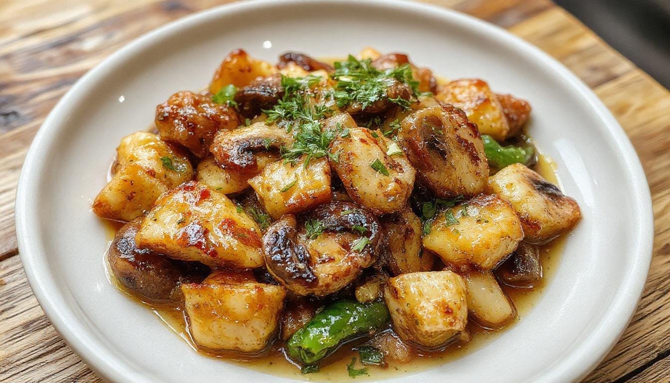 A vibrant stir-fry dish featuring tender chicken slices and sliced mushrooms glistening with sauce, garnished with chopped green onions on a white plate, with vibrant vegetables and a glossy sauce creating an inviting and colorful presentation.