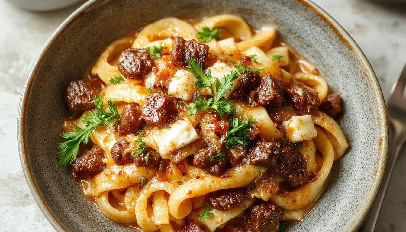 A close-up of a creamy beef and garlic butter pasta dish plated in a white bowl. The pasta is coated in a rich, glossy sauce with tender beef slices and minced garlic visible. Garnished with fresh chopped parsley and a sprinkle of grated Parmesan cheese, the vibrant golden color of the sauce contrasts with the darker beef pieces and green herbs.