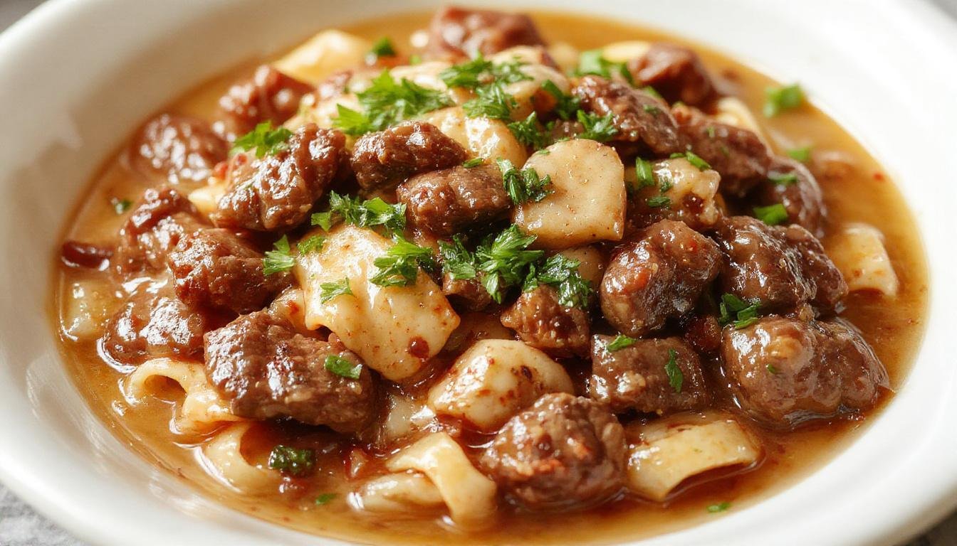A steaming bowl of creamy beef and noodles topped with chopped parsley, showcasing tender beef strips coated in a rich, smooth sauce and al dente noodles, garnished with a sprinkle of herbs on a rustic wooden table.