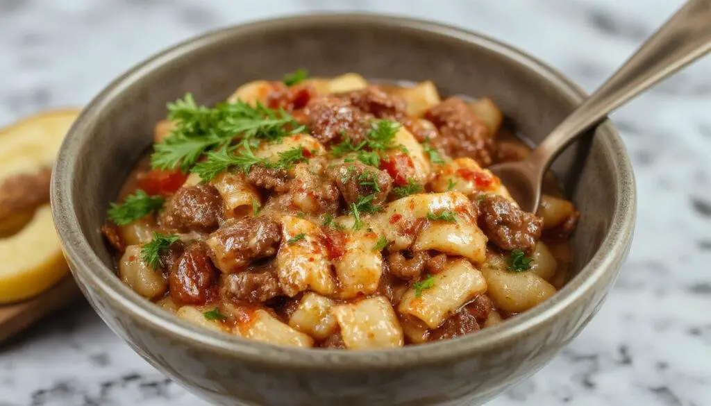 A close-up of a creamy ground beef orzo dish served in a white bowl. The orzo pasta is coated in a rich, creamy tomato sauce with visible chunks of seasoned ground beef. Garnished with fresh chopped herbs, the dish displays a vibrant red-orange hue contrasted by the creamy sauce. The background features a rustic wooden table and a few fresh ingredients like tomatoes and herbs, enhancing the inviting presentation.