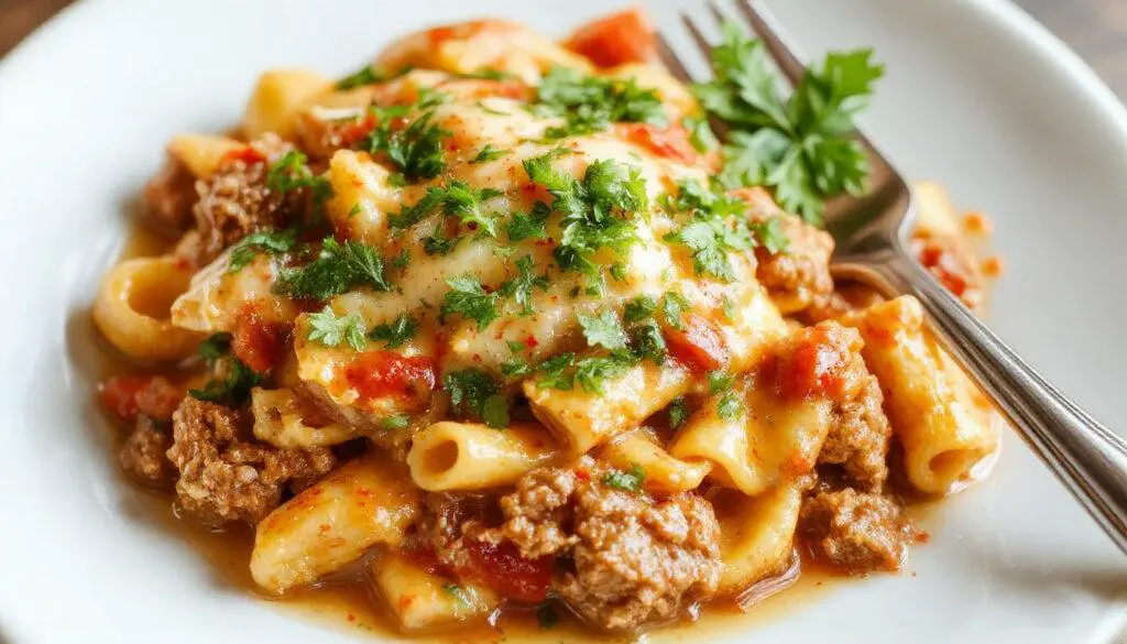 A close-up of a creamy Rotel pasta dish served in a white bowl, topped with seasoned ground beef, melted cheese, and fresh herbs. The pasta is coated in a rich, orange-tinted sauce with visible chunks of tomatoes and melted cheese, garnished with chopped parsley for color contrast.