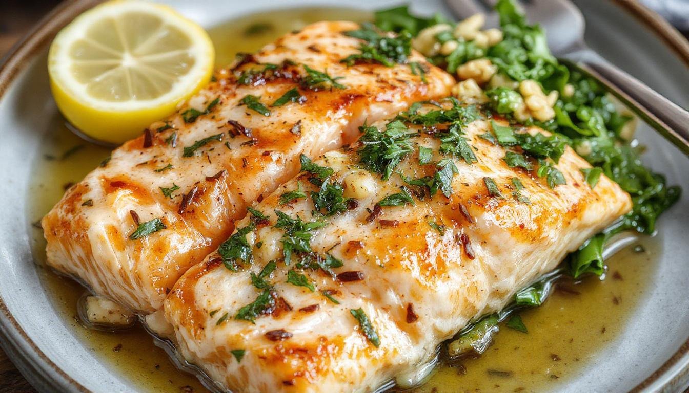 A plated serving of seared salmon fillet with golden-brown crispy exterior, topped with fresh lemon slices and herbs. Accompanying the dish is a bowl of tender orzo pasta tossed with lemon zest and herbs, garnished with a sprig of parsley. The presentation is bright and inviting, with the salmon resting on a clean white plate, contrasting with the vibrant yellow of the lemon and the pasta's light hue.