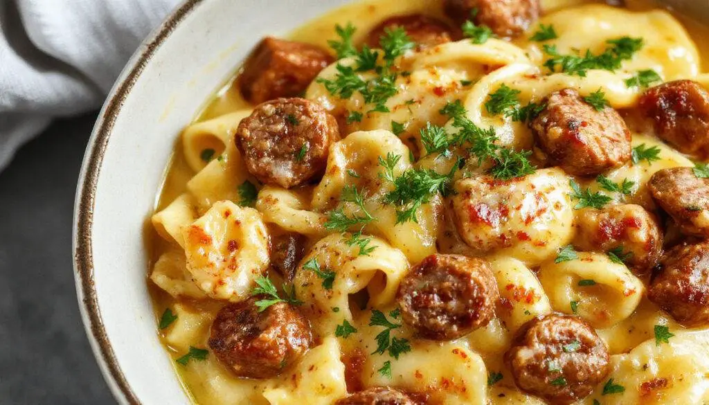A steaming bowl of Cajun sausage pasta featuring sliced smoked sausage, penne pasta coated in a creamy reddish-orange sauce, garnished with chopped green onions and sprinkled with fresh herbs, served on a rustic wooden table.