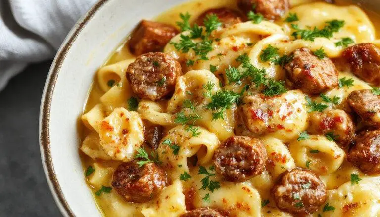 A steaming bowl of Cajun sausage pasta featuring sliced smoked sausage, penne pasta coated in a creamy reddish-orange sauce, garnished with chopped green onions and sprinkled with fresh herbs, served on a rustic wooden table.
