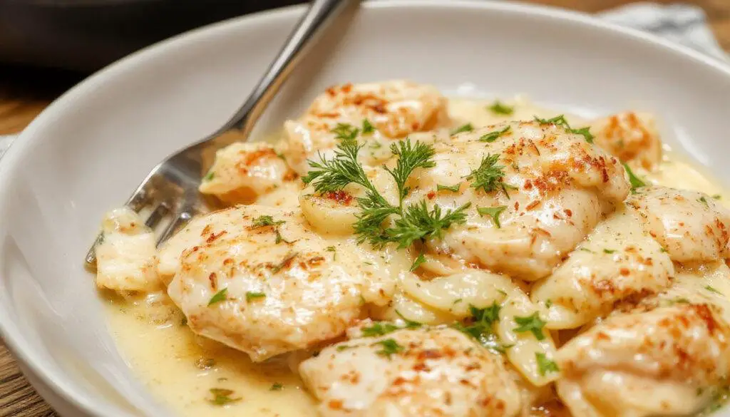 A steaming bowl of creamy lemon garlic chicken pasta topped with fresh herbs. The pasta is coated in a rich, glossy sauce with tender chicken pieces and bright lemon accents, served on a rustic wooden table with a sprig of parsley as garnish.