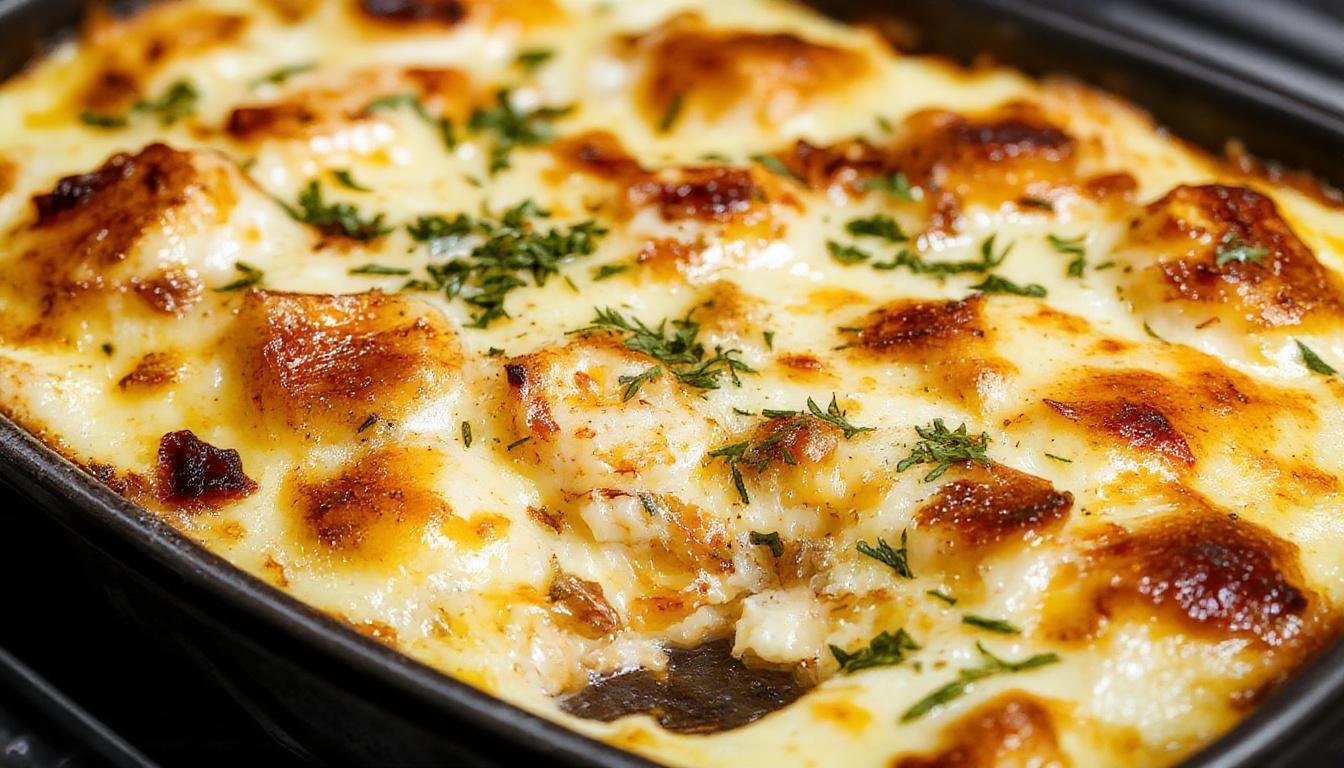 A bubbling golden-brown seafood gratin served in a white ceramic dish. The top features an irresistible layer of melted cheese with crispy edges, garnished with fresh herbs and visible chunks of seafood and vegetables beneath the cheese crust.