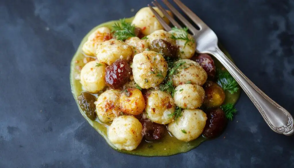 A vibrant plate of golden-brown gnocchi mixed with colorful sautéed vegetables such as cherry tomatoes, zucchini, and spinach, all coated in a glossy white wine lemon sauce, garnished with fresh herbs. The gnocchi have a slightly crispy exterior and soft interior, presented on a white ceramic plate with a lemon wedge and sprigs of basil for garnish.