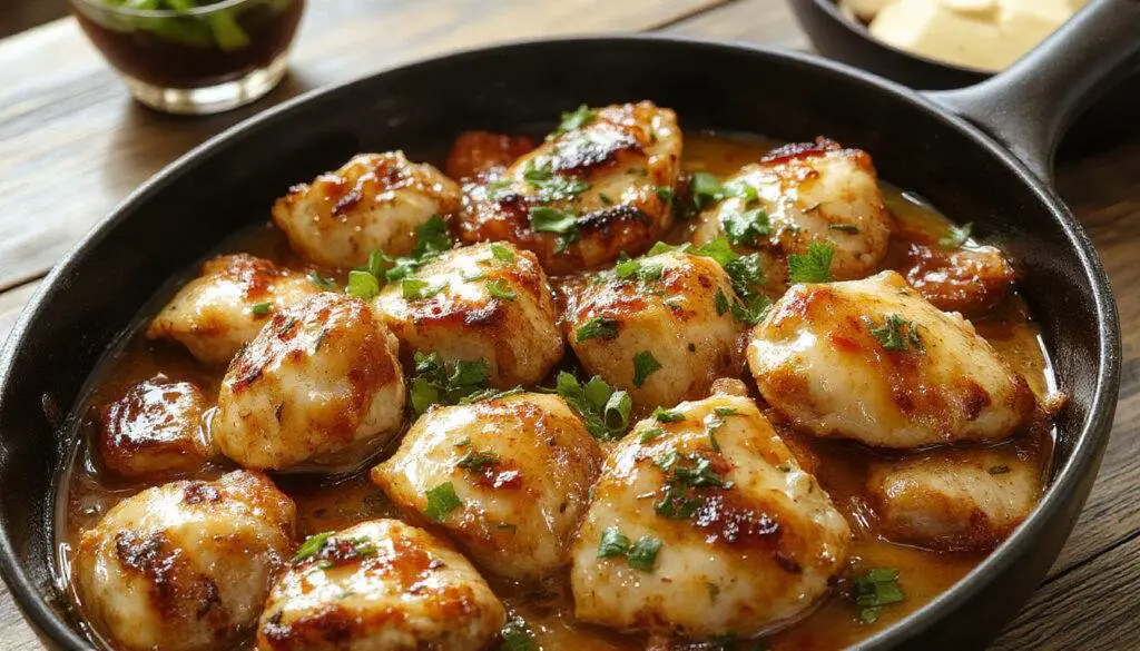 A sizzling skillet of butter chicken with rich, creamy sauce topped with fresh herbs, served alongside warm naan or rice, complete with vibrant garnishes.