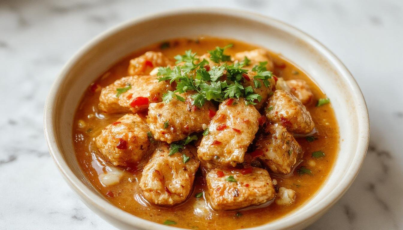 A vibrant bowl of Thai Peanut Curry Chicken featuring tender chicken pieces, rich peanut sauce with hints of red chili and cilantro, garnished with chopped peanuts and fresh herbs, served with steamed jasmine rice in a rustic bowl with colorful vegetables on the side.