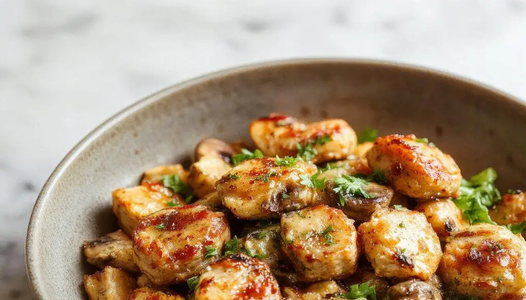 A vibrant stir-fry featuring golden-brown chicken pieces and sliced mushrooms coated in glossy sauce, served on a white plate with colorful vegetable garnishes and a hint of green herbs, capturing a quick, wholesome meal.