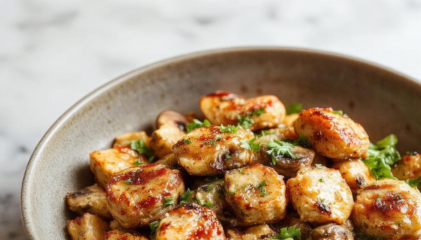A vibrant stir-fry featuring golden-brown chicken pieces and sliced mushrooms coated in glossy sauce, served on a white plate with colorful vegetable garnishes and a hint of green herbs, capturing a quick, wholesome meal.