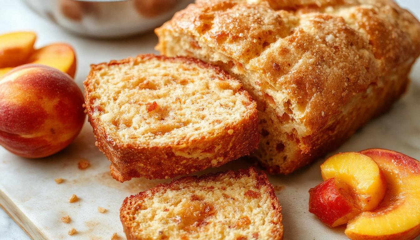 A loaf of golden-brown peach bread sliced to reveal a moist interior dotted with vibrant peach chunks, garnished with a sprig of mint on a rustic wooden platter
