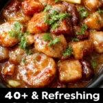 A colorful assortment of summer slow cooker dishes featuring fresh vegetables, herbs, and juicy fruits, perfect for hot weather.