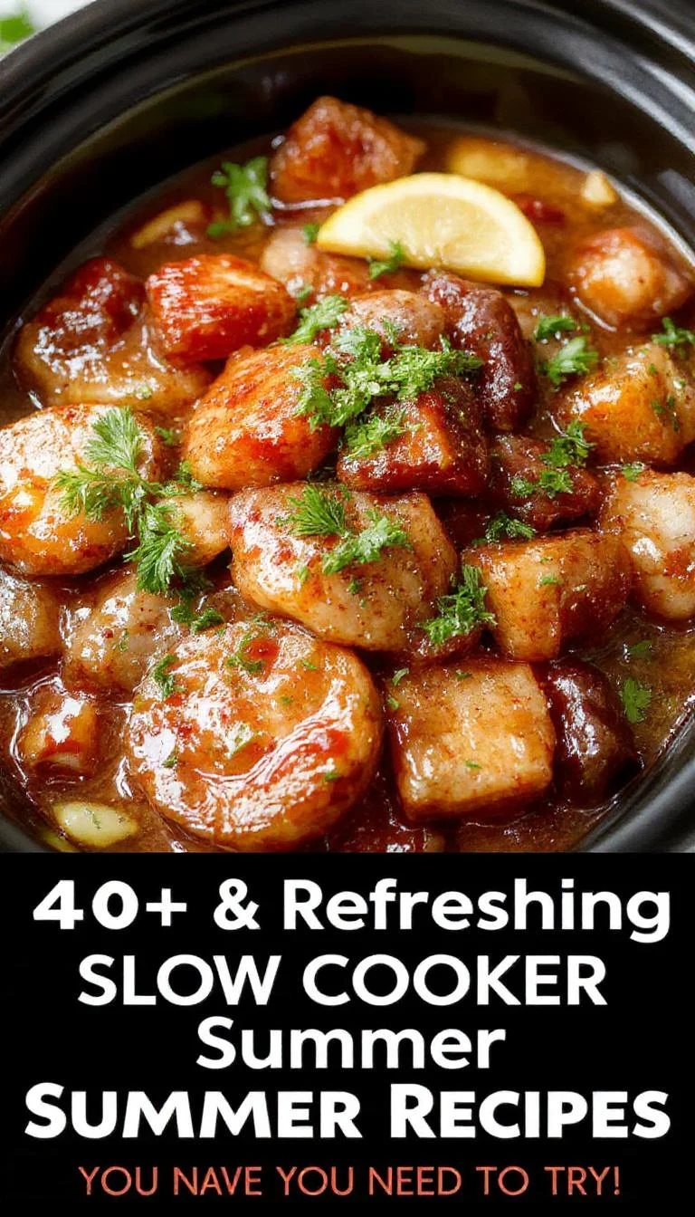 A colorful assortment of summer slow cooker dishes featuring fresh vegetables, herbs, and juicy fruits, perfect for hot weather.