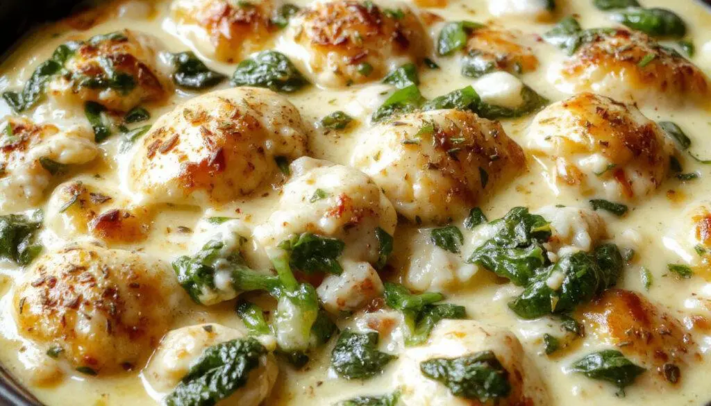 A baked casserole dish with a golden-brown crust on top, filled with tender chicken pieces, vibrant green spinach, and creamy sauce. The dish is garnished with a sprinkle of grated cheese and fresh herbs, presented on a rustic wooden table with steam rising, highlighting its comforting appeal.