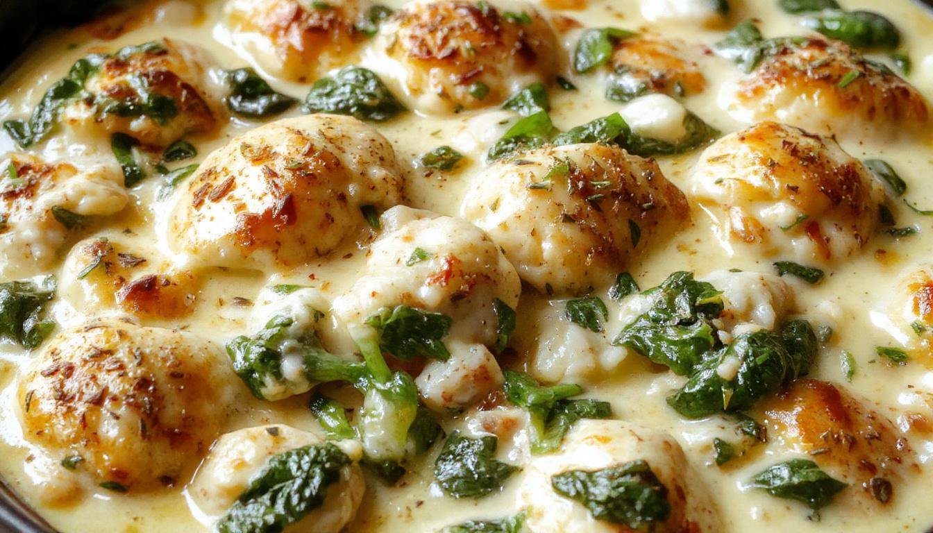 A baked casserole dish with a golden-brown crust on top, filled with tender chicken pieces, vibrant green spinach, and creamy sauce. The dish is garnished with a sprinkle of grated cheese and fresh herbs, presented on a rustic wooden table with steam rising, highlighting its comforting appeal.
