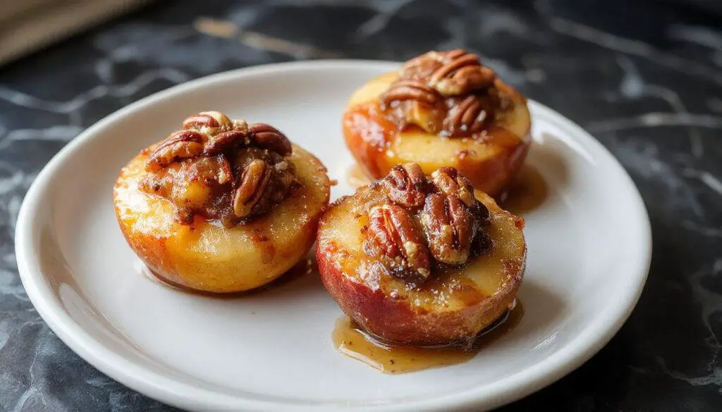 A close-up of two halved baked peaches filled with a crunchy pecan mixture, golden-brown tops, and caramelized edges, arranged on a rustic white plate with a sprig of mint garnish.