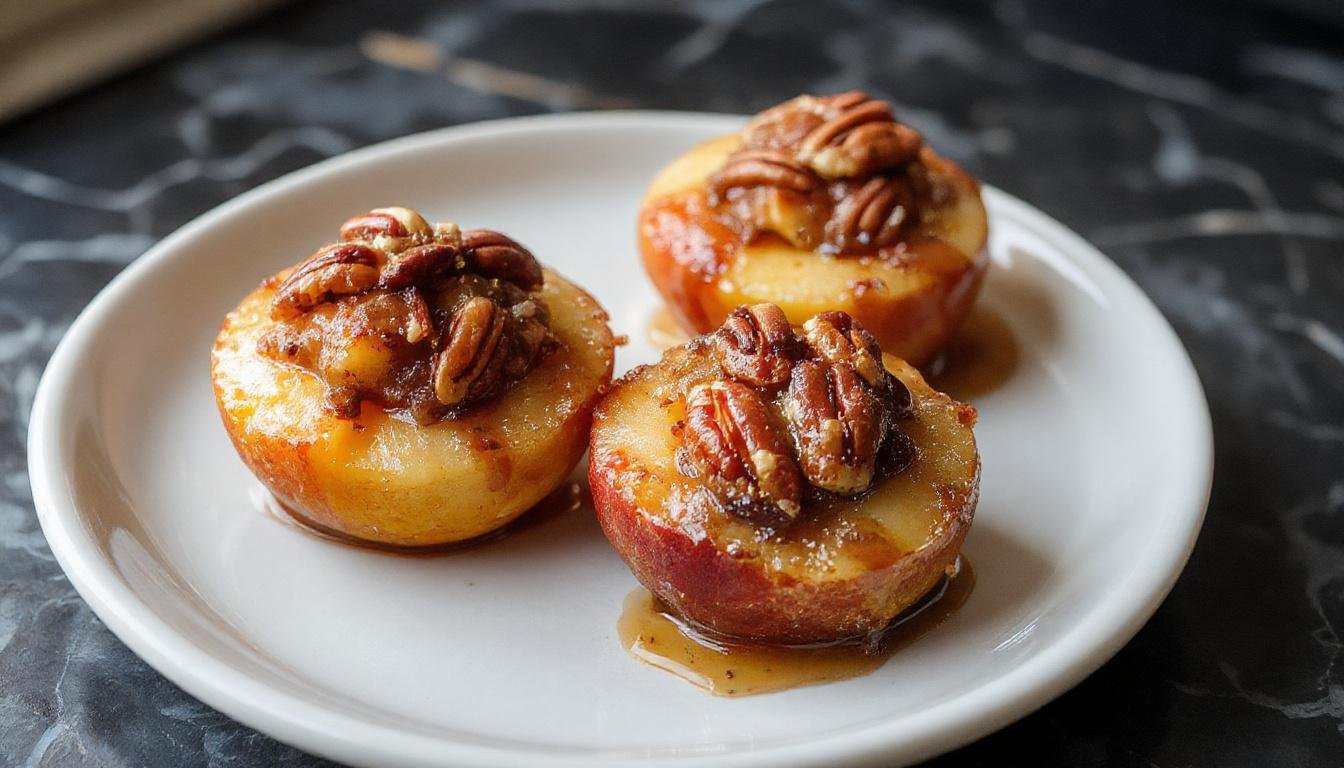 A close-up of two halved baked peaches filled with a crunchy pecan mixture, golden-brown tops, and caramelized edges, arranged on a rustic white plate with a sprig of mint garnish.